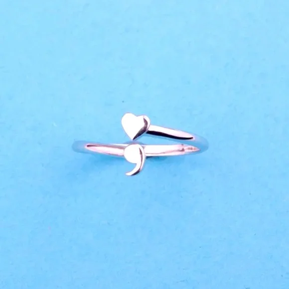 925 Shimmering Sterling Silver Adjustable Semicolon Ring; Your Story Isn't Over - Picture 2 of 13